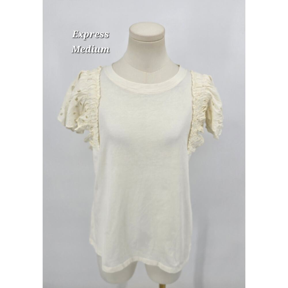 Express Romantic Boho Feminine Minimalist Ivory Ruffle Sleeve Tee – Size M – NWT